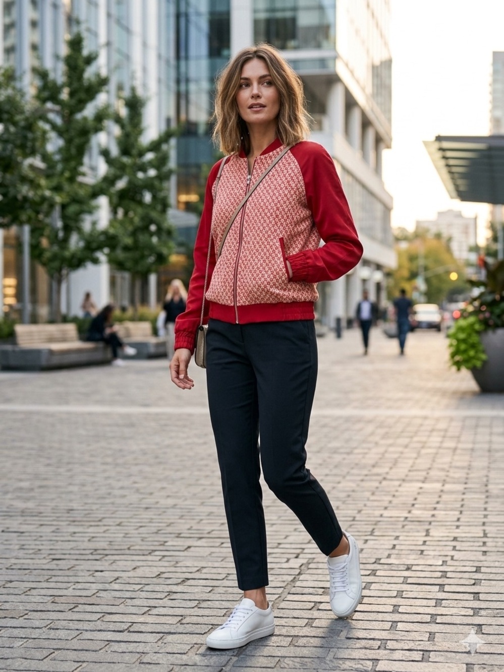 Women's Red Patterned Bomber leather Jacket with Solid Sleeves
